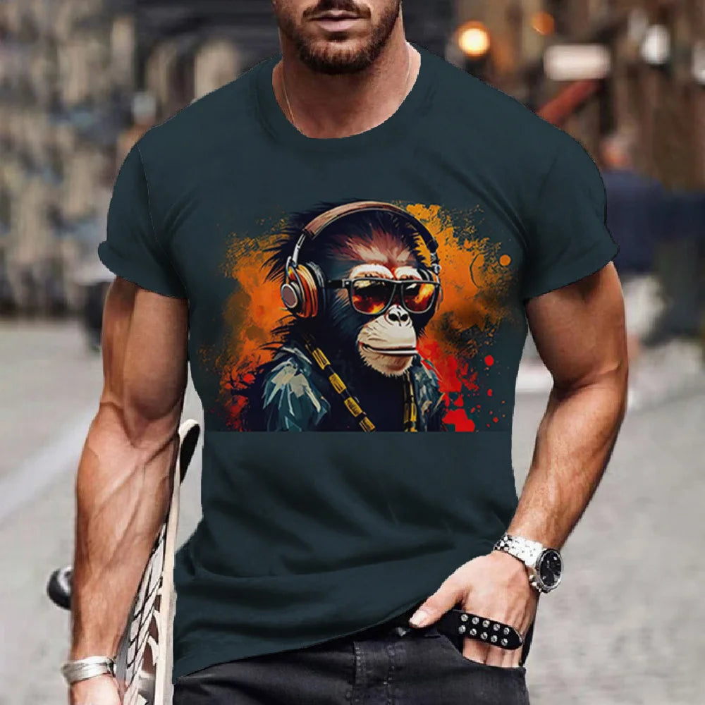 Men's T-Shirt Hip Hop Monkey Print Shirts O-Neck T Shirt Summer Male Tops Short Sleeve Casual Man Tees Oversized Animal Clothing