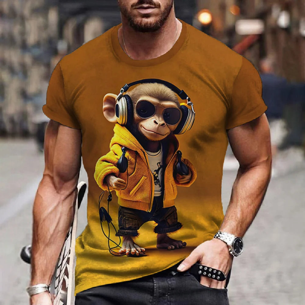 Men's T-Shirt Hip Hop Monkey Print Shirts O-Neck T Shirt Summer Male Tops Short Sleeve Casual Man Tees Oversized Animal Clothing