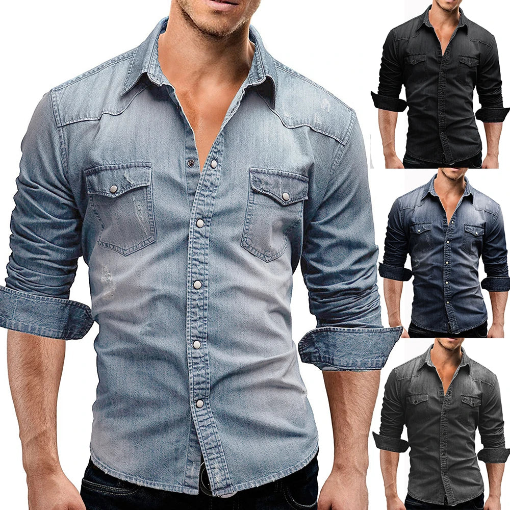 2022 Autumn Men Denim Tshirt Mens Long Sleeve Soft Cotton Slim Jeans T-Shirts Male Cowboy Tops Tees Xxxl - MAGNET MARKET