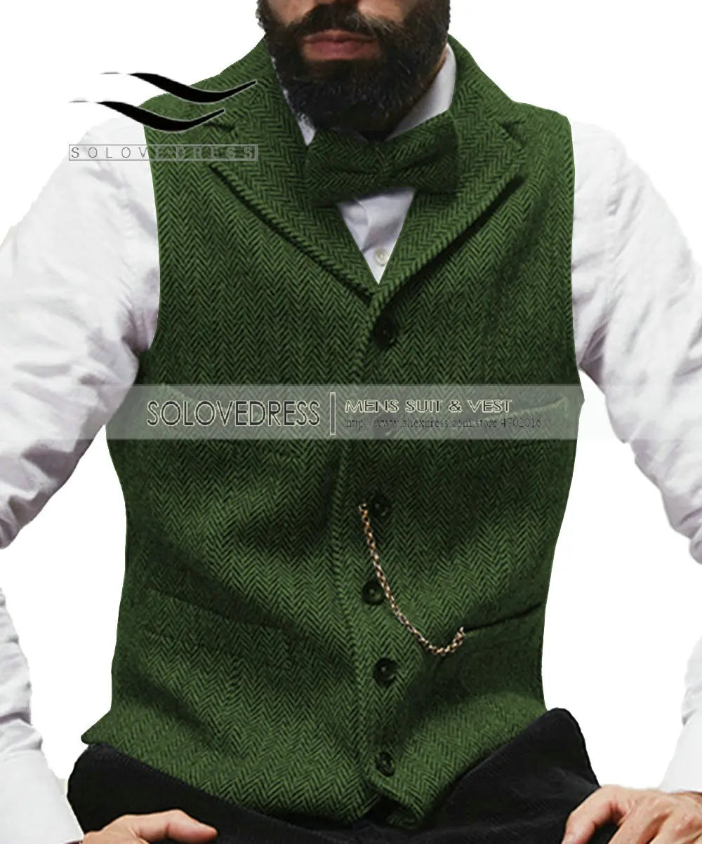 Mens Suit Vest Lapel V Neck Wool Herringbone Casual Formal Business Vest Waistcoat Groomman For Wedding Green/Burgundy/Brown - MAGNET MARKET