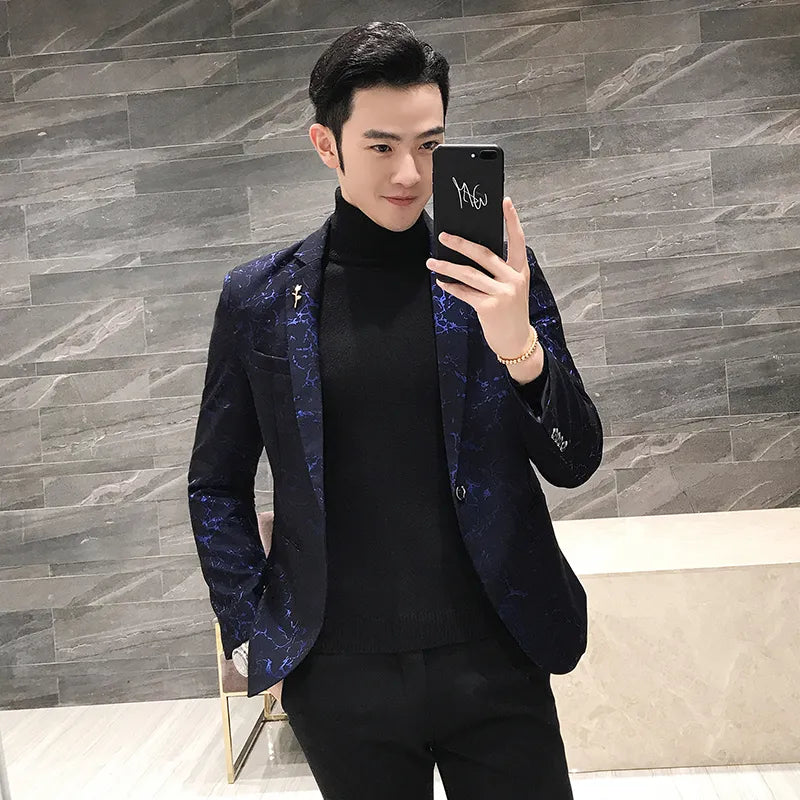 Luxury Party Prom Blazer Autumn Men Shinny Yarn Wine Red Blue Black Blazer Jacket Men Slim Fit Business Dress Suit Coat Jackets - MAGNET MARKET