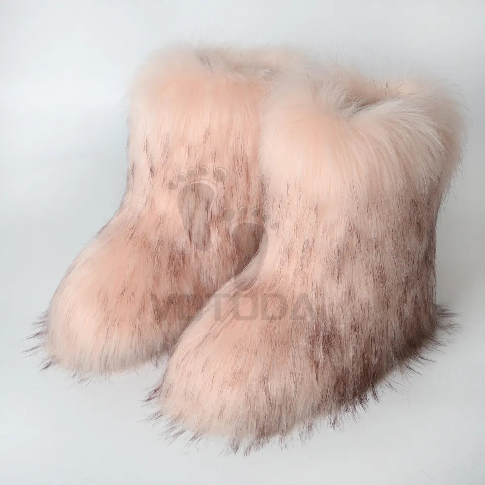 Winter Fuzzy Boots Women Furry Shoes Fluffy Fur Snow Boots Plush lining Slip-on Rubber Flat Outdoor Bowtie Warm Ladies Footwear