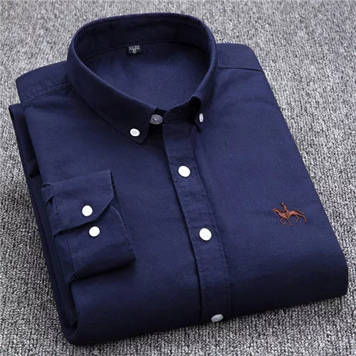 S~6XL Cotton Oxford Shirt For Mens Long Sleeve Plaid Striped Casual Shirts Male Pocket Regular-Fit Button-Down Work Man Shirt