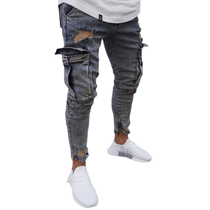 Autumn Men Jeans Casual Pants 2021 New Fashion Frayed Slim Fit Long Denim Pants Hole Jeans