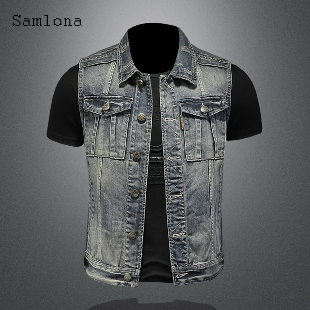 Samlona Mens Fashion Leisure Demin Vest Spliced Retro Jean Outerwear 2022 European and American style Autumn Zip up Deim Jackets - MAGNET MARKET