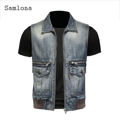 Samlona Mens Fashion Leisure Demin Vest Spliced Retro Jean Outerwear 2022 European and American style Autumn Zip up Deim Jackets - MAGNET MARKET