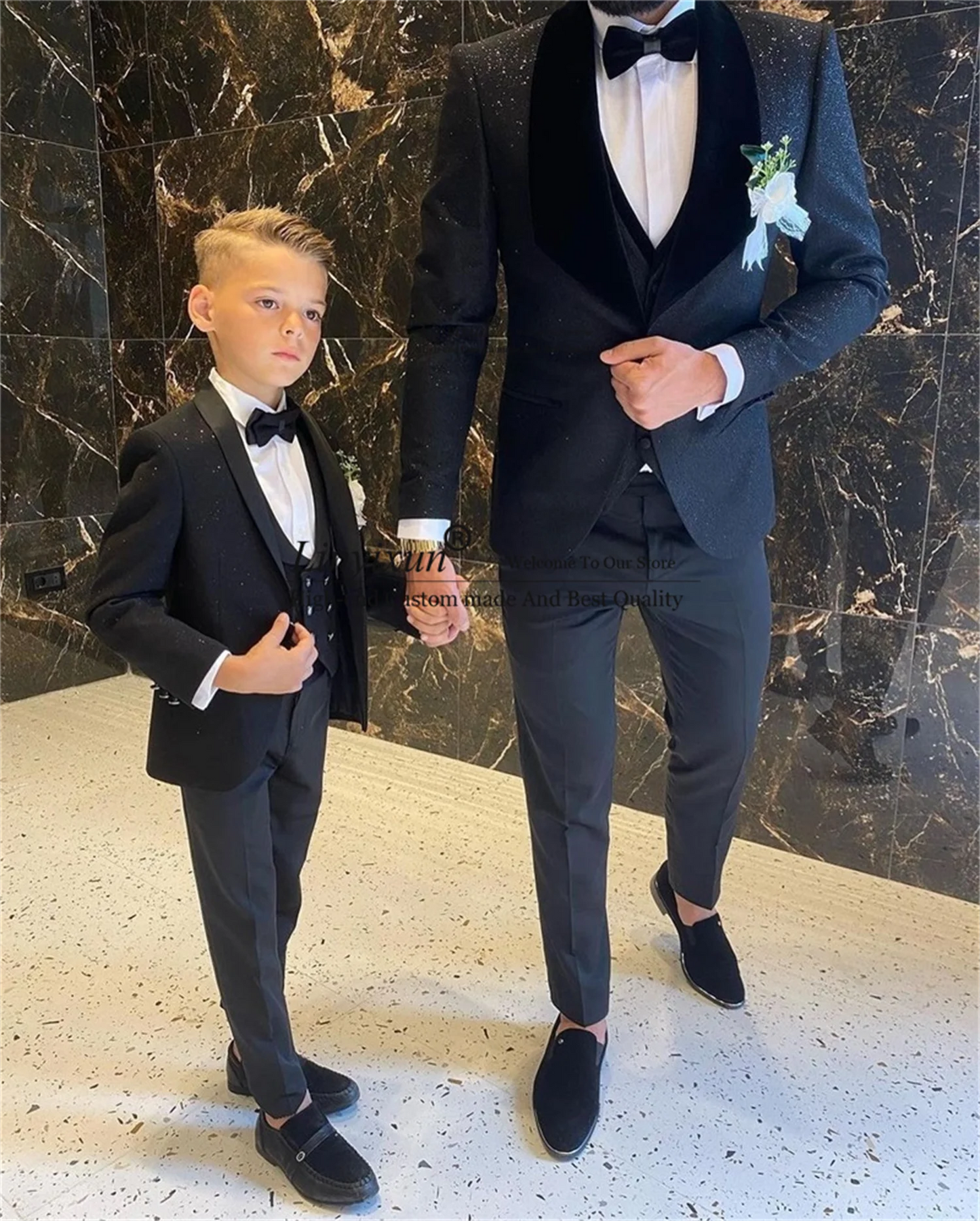 Shinny Mens Suits Shawl Lapel Groom Wedding Tuxedos 3 Pieces Set Male Prom Blazer Terno Masculino Father And Son Kids Suits - MAGNET MARKET