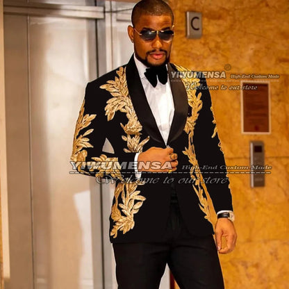 Black Men Suits Gold Shinny Appliques 2 Pieces Set (Jacket Pant) Wedding Tuxedo Business Blazer Masculino Single Breasted Dress - MAGNET MARKET