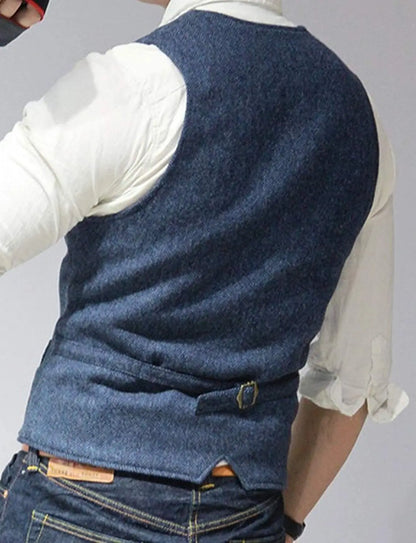 Men's Casual Classic Suit Vest V Neck Herringbone Tweed Slim Fit Business Waistcoat For Wedding - MAGNET MARKET