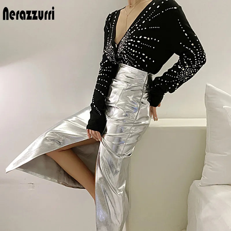 Nerazzurri Black Reflective patent leather skirt with slit high waist Silver Midi skirt for women long skirts for women 2021