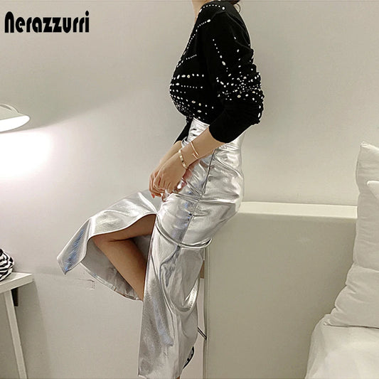 Nerazzurri Black Reflective patent leather skirt with slit high waist Silver Midi skirt for women long skirts for women 2021