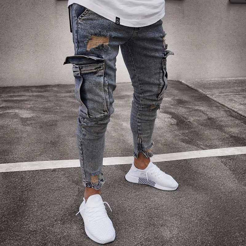 Autumn Men Jeans Casual Pants 2021 New Fashion Frayed Slim Fit Long Denim Pants Hole Jeans