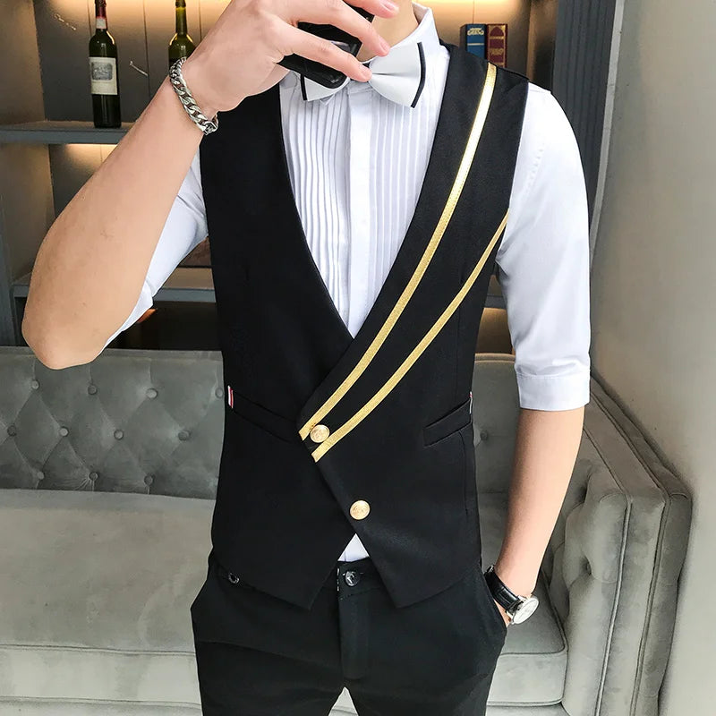 Business Casual Suit Vest for Men Formal Single Breasted Bar Waiter Work Uniform Nightclub Slim Fit Wedding Black Dress Vest Man - MAGNET MARKET