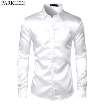 White Silk Satin Tuxedo Shirt Men 2023 Brand Long Sleeve Fitted Mens Dress Shirts Wedding Party Dance Male Casual Shirt Chemise