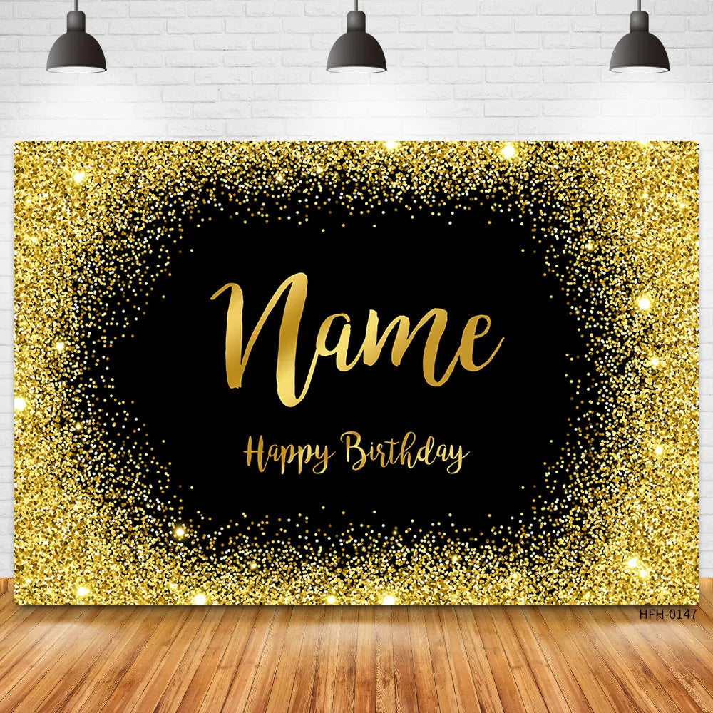 Custom Name Age Glitter Silver Black Backdrops Birthday Party Gold Dots Banner Photo Studio Backgrounds Happy Sweet Photocall