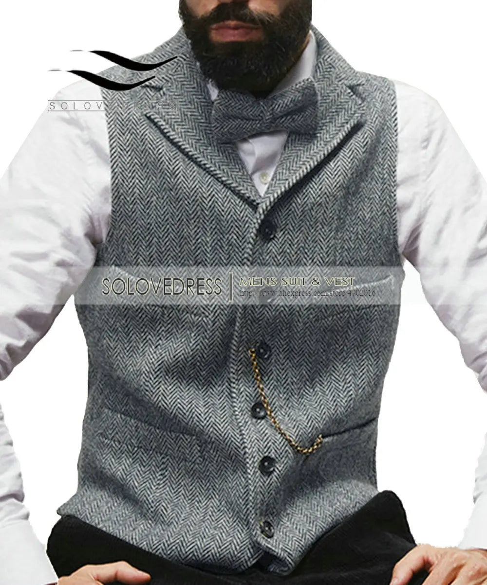 Mens Suit Vest Lapel V Neck Wool Herringbone Casual Formal Business Vest Waistcoat Groomman For Wedding Green/Burgundy/Brown - MAGNET MARKET