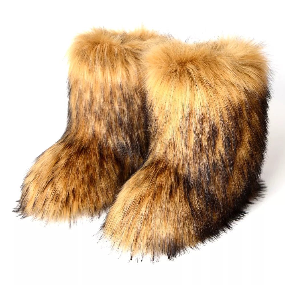 Winter Fuzzy Boots Women Furry Shoes Fluffy Fur Snow Boots Plush lining Slip-on Rubber Flat Outdoor Bowtie Warm Ladies Footwear