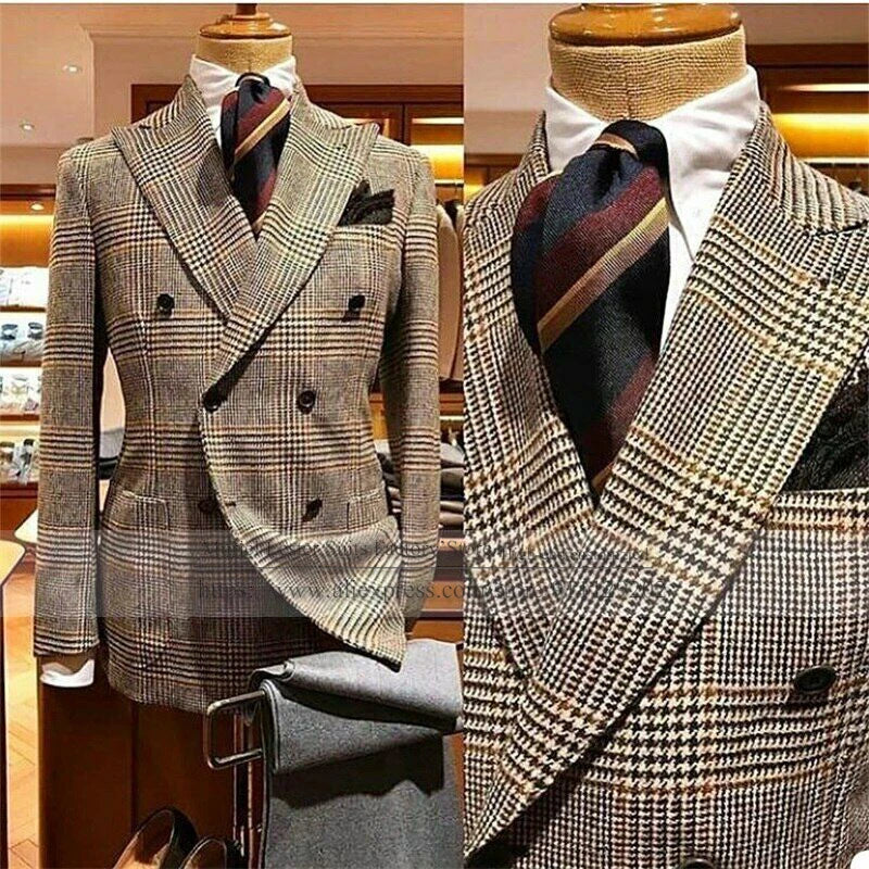 Tweed Wool Houndstooth Men Suits Wide Peak Lapel Jacket 2 Pcs Double Breasted Coat Business Blazer Wedding Dinner Party Gowns - MAGNET MARKET