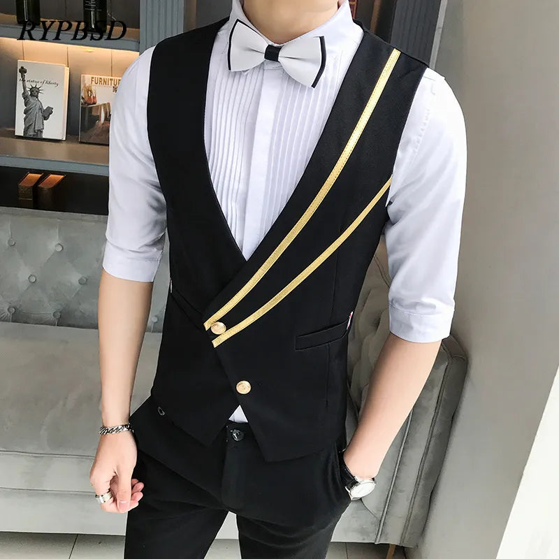 Business Casual Suit Vest for Men Formal Single Breasted Bar Waiter Work Uniform Nightclub Slim Fit Wedding Black Dress Vest Man - MAGNET MARKET