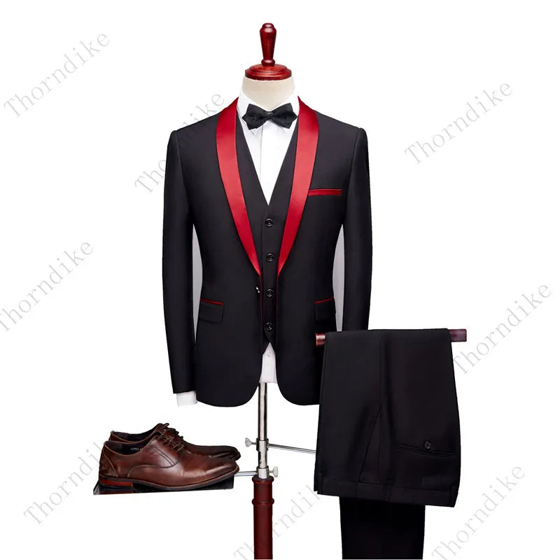 Thorndike Men Suits 3 Pieces Black Fit Casual Groomsmen Army Lapel Business Tuxedos for Formal Wedding(Blazer+Pants+Vest) - MAGNET MARKET