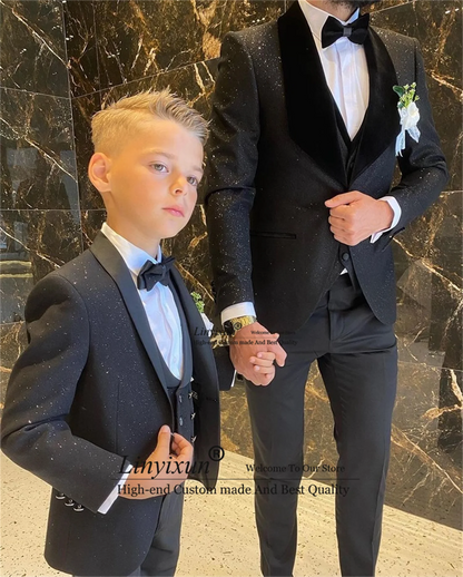 Shinny Mens Suits Shawl Lapel Groom Wedding Tuxedos 3 Pieces Set Male Prom Blazer Terno Masculino Father And Son Kids Suits - MAGNET MARKET