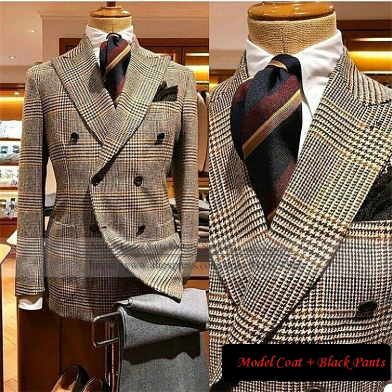 Tweed Wool Houndstooth Men Suits Wide Peak Lapel Jacket 2 Pcs Double Breasted Coat Business Blazer Wedding Dinner Party Gowns - MAGNET MARKET