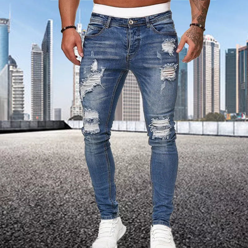 Fashion Street Style Ripped Skinny Jeans Men Vintage wash Solid Denim Trouser Mens Casual Slim fit pencil denim Pants hot sale - MAGNET MARKET