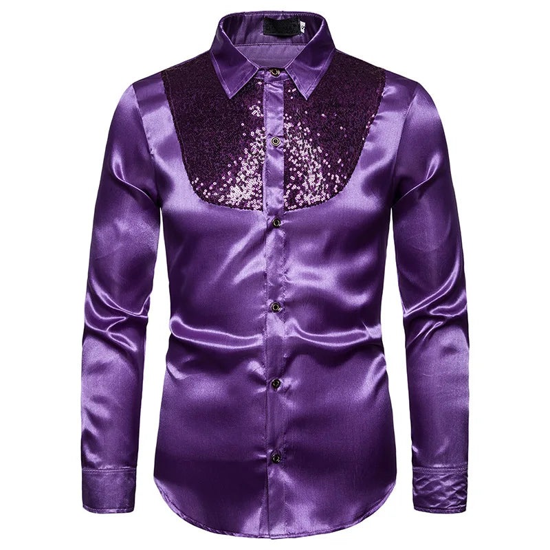 Red Sequin Glitter Silk Shirt Men 2022 Fashion Stage Prom Dance Mens Dress Shirts Party Wedding Groom Satin Patchwork Shirt Male