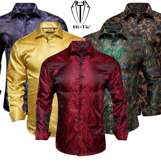 Hi-Tie Long Sleeve Silk Shirts for Men Suit Dress Outwear Male Slim Jacquard Wedding Floral Paisley Gold Blue Red High Quality