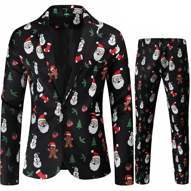 Red Printed Two-piece Men's Christmas Suit (Jacket + Pants) Stylish Male Blazer Coat with Trousers Black Green Blue S-4XL - MAGNET MARKET