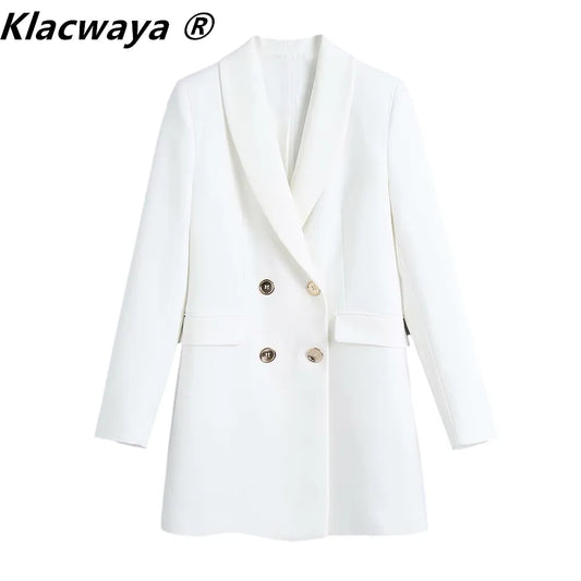 Klacwaya Women Blazer Coat Double Breasted Blazer Vintage Long Sleeve Pocket Solid Color Female Outerwear Chic Women Suit Jacket