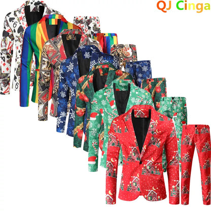 Red Printed Two-piece Men's Christmas Suit (Jacket + Pants) Stylish Male Blazer Coat with Trousers Black Green Blue S-4XL - MAGNET MARKET