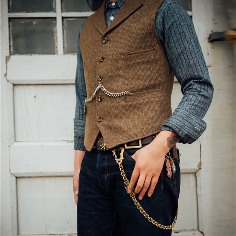 Men's Suit Vest Brown Wedding Wool Tweed Business Waistcoat Jacket Casual Slim Fit Gilet Homme Vests For Groosmen Man Wedding - MAGNET MARKET