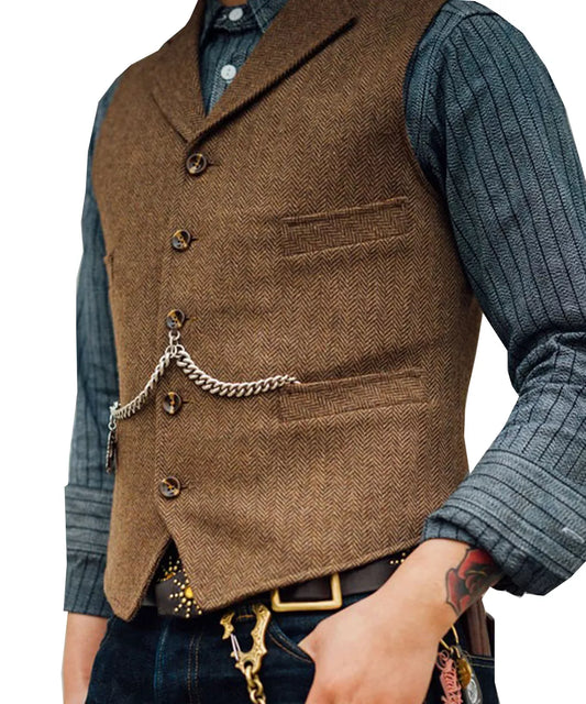 Men's Suit Vest Brown Wedding Wool Tweed Business Waistcoat Jacket Casual Slim Fit Gilet Homme Vests For Groosmen Man Wedding - MAGNET MARKET