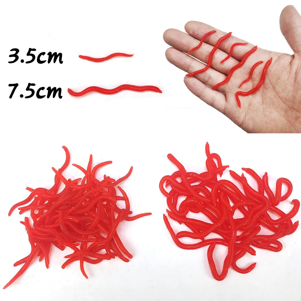 20PCS-100pcs Lifelike Red Worm Soft Lure Earthworm ice winter Fishing Silicone Artificial Bait Fishy Shrimp Additive Bass Carp