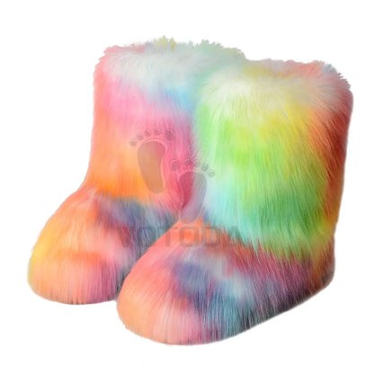 Winter Fuzzy Boots Women Furry Shoes Fluffy Fur Snow Boots Plush lining Slip-on Rubber Flat Outdoor Bowtie Warm Ladies Footwear