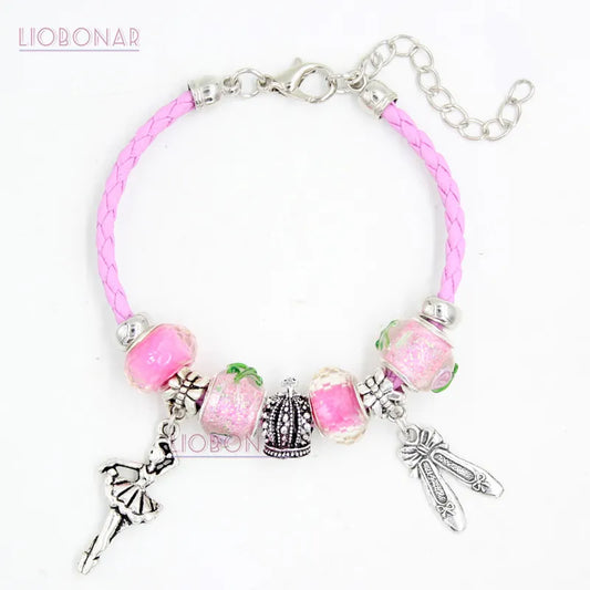 Braid Leather Bracelet Pink Lampwork Murano Glass Bead Crown Ballet Shoes Ballerina Charm Bracelets Jewelry Gift Bijoux Pulsera