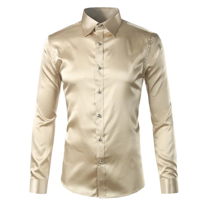 Silk Shirt Men 2022 Satin Smooth Men Solid Tuxedo Shirt Business Chemise Homme Casual Slim Fit Shiny Gold Wedding Dress Shirts