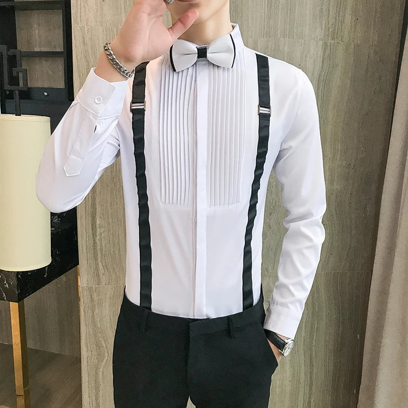 Men's Tuxedo Shirt Bow-tie Chest Pleated Strap Long Sleeve Slim Fit Prom Dress Blouse Black Red White Wedding Clothes