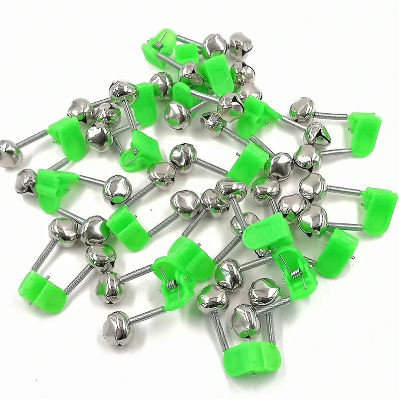 OUTKIT 5pcs/lot Fishing Bite Alarms Fishing Rod Bell Rod Clamp Tip Clip Bells Ring Green ABS Fishing Accessory Outdoor Metal