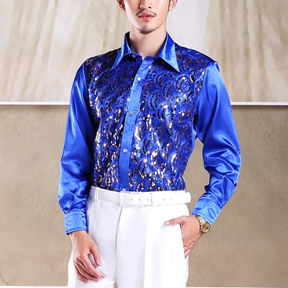 Shiny Gold Sequin Glitter Long Sleeve Shirt Men 2019 New Fashion Nightclub Party Stage Disco Chorus Shirt for Men Chemise Homme