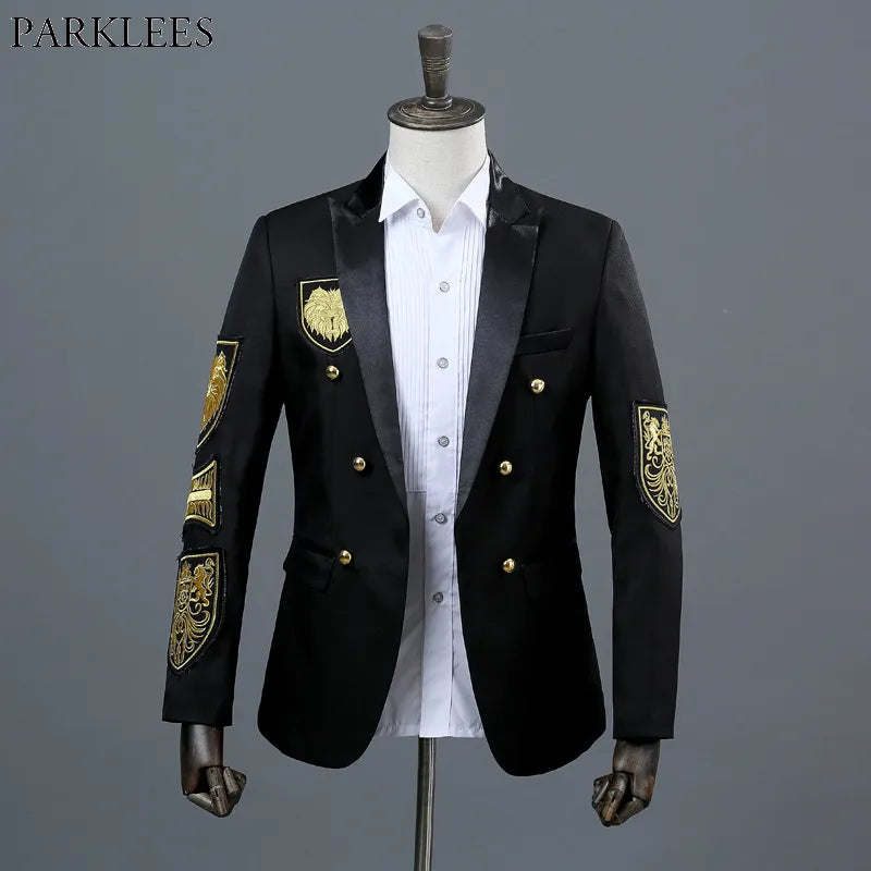 Gold Medal Embroidery Black Suit&Blazer Men Double Breasted Mens Military Blazer Jacket Stage Prom Show Singer Costume Homme Xxl - MAGNET MARKET