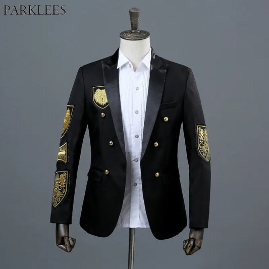 Gold Medal Embroidery Black Suit&Blazer Men Double Breasted Mens Military Blazer Jacket Stage Prom Show Singer Costume Homme Xxl - MAGNET MARKET