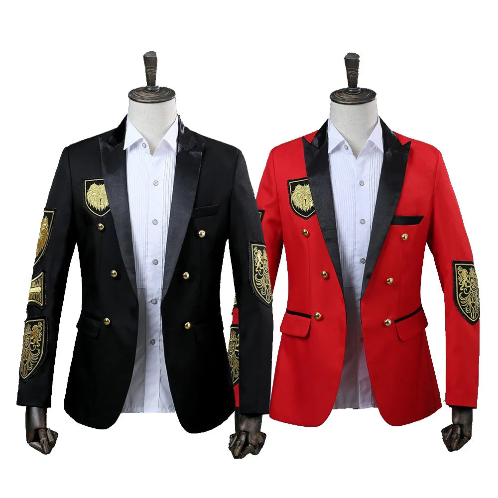 Gold Medal Embroidery Black Suit&Blazer Men Double Breasted Mens Military Blazer Jacket Stage Prom Show Singer Costume Homme Xxl - MAGNET MARKET