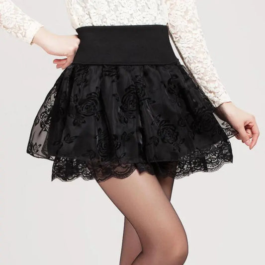 Zuolunouba Summer Slim Preppy Skirt Women Flower Bow Mini Tutu Style Elasticity Lace Skirts Shorts Lady High Waist Student