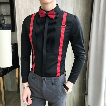 Men's Tuxedo Shirt Bow-tie Chest Pleated Strap Long Sleeve Slim Fit Prom Dress Blouse Black Red White Wedding Clothes