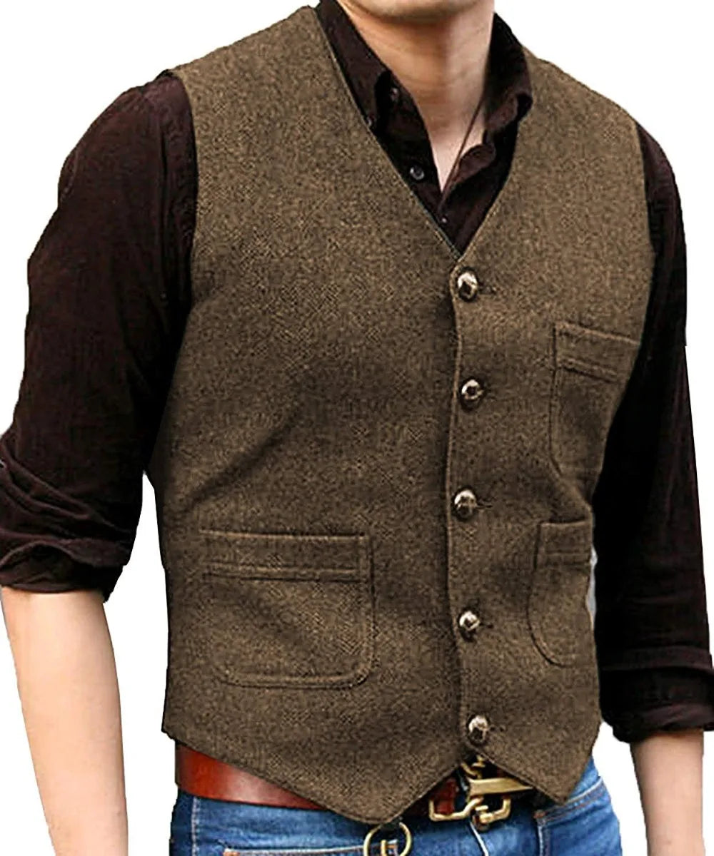 Men's Suit Formal V Neck Wool Herringbone Tweed Casual Waistcoat Formal Business Vest Groomman For Wedding Green/Black/Brown - MAGNET MARKET