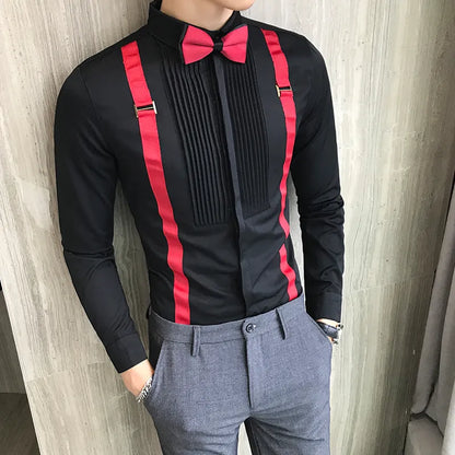 Men's Tuxedo Shirt Bow-tie Chest Pleated Strap Long Sleeve Slim Fit Prom Dress Blouse Black Red White Wedding Clothes