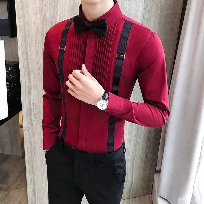 Men's Tuxedo Shirt Bow-tie Chest Pleated Strap Long Sleeve Slim Fit Prom Dress Blouse Black Red White Wedding Clothes