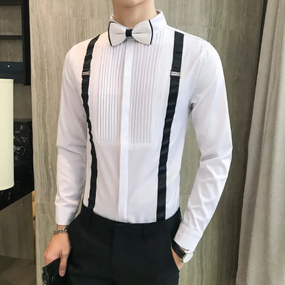 Men's Tuxedo Shirt Bow-tie Chest Pleated Strap Long Sleeve Slim Fit Prom Dress Blouse Black Red White Wedding Clothes